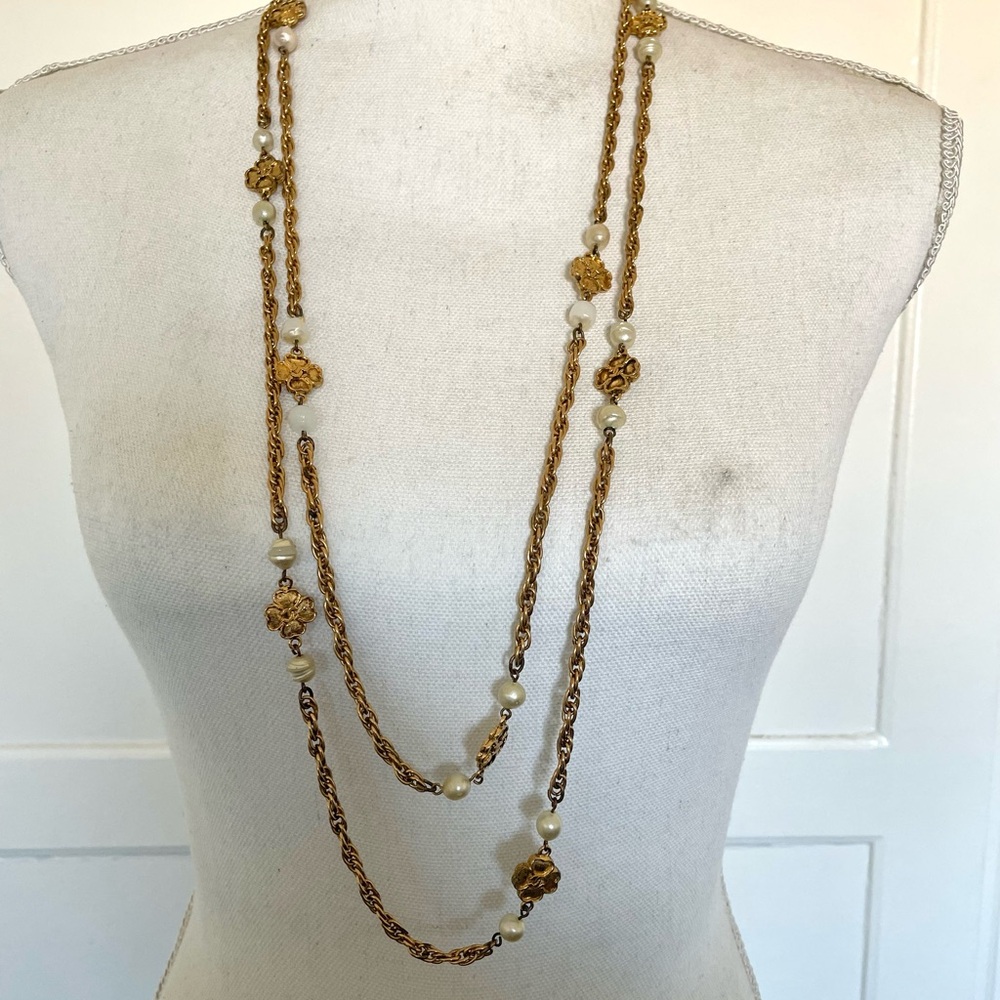 CHANEL Gold Long Necklace with Faux Pearls